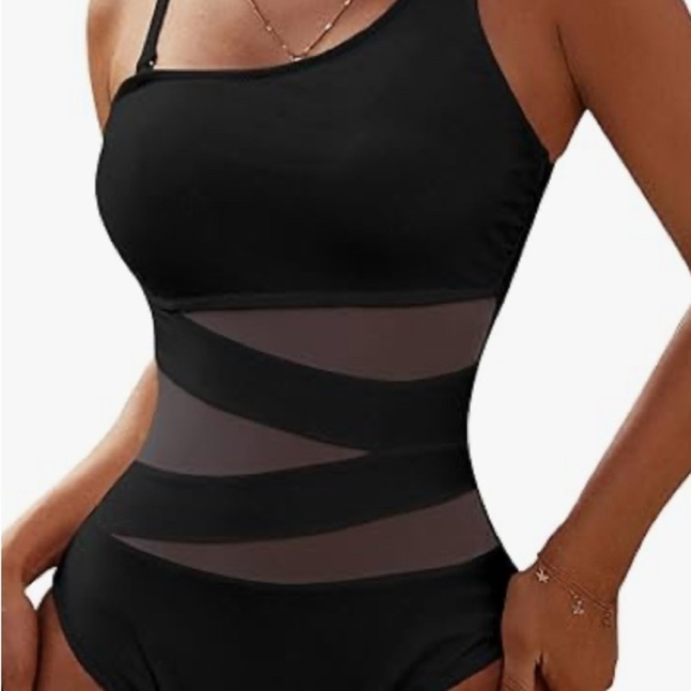 Black One-Piece Swimsuit with Sheer Panels